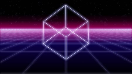 Synthwave cube shape on a wireframe net and stars 80s retro futurism background 3d illustration render