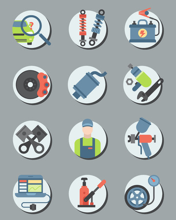車のサービス部品 フラット ベクトル図です 自動車機器のオート メカニック修理 モータ診断のベクトルのイラストや技術者の交通フラット アイコン の イラスト素材 ベクタ Image