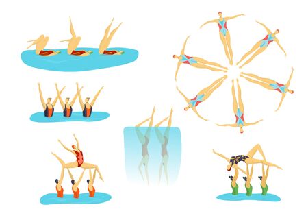 Woman Athletes Synchronised Swimming In Group, Swimmers Girls Sport Set Of Isolated Vector Illustrations.