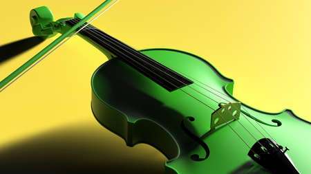 Green classic violin on yellow plate under spot lighting background. 3d sketch design and illustration. 3d high quality rendering.
