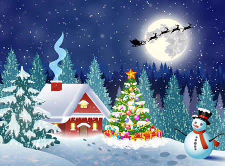 a house in a snowy christmas landscape at night christmas tree