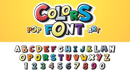 Set of comic font letters. english alphabet for childrens booklets, posters in a cartoonish style. vector illustration of a colorful font in retro pop art style on halftone background Фото со стока