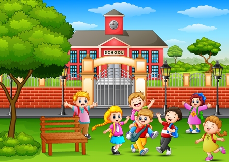 幸せな学校の子供たちは 校舎の前で演奏のベクトル イラスト のイラスト素材 ベクタ Image