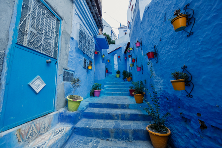 Sun flower: Eine der Straßen in Chefchaouen in Marokko. Alle Häuser und Wände sind blau lackiert. Beliebtes Touristenziel in Marokko. Lizenzfreie Bilder