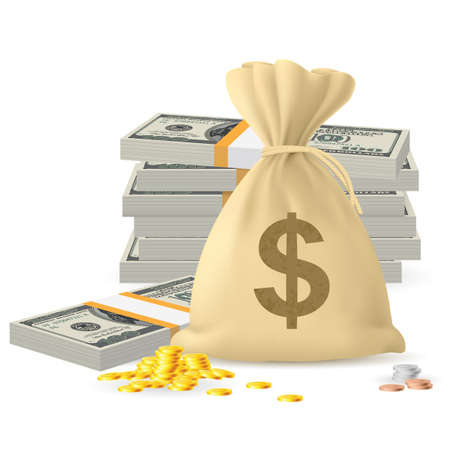 Bag of gold coins: Cọc tiền dưới hình thức tiền mặt và vàng đồng xu, có tiền bao Hình minh hoạ