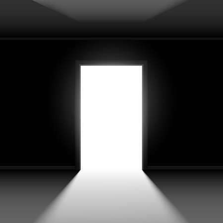 Open door with light illustration on dark empty background