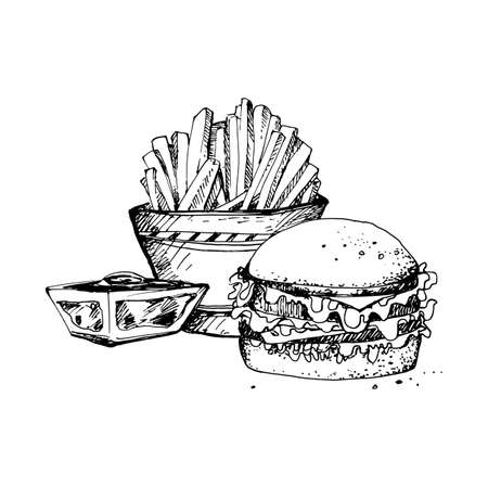 白い背景においしいファーストフードイラストの手描きインクスケッチ のイラスト素材 ベクタ Image 白い背景においしいファーストフードイラストの手描きインクスケッチ のイラスト素材 ベクタ Image