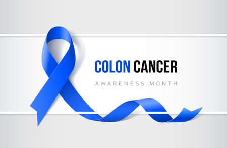 Banner with colon cancer and color rectal cancer awareness realistic blue ribbon design template for websites magazines