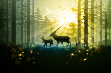 Silhouette of a nobles deers, flying birds in magic misty forest at sunrise. illustration of landscape with wild forest, trees, mountain