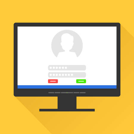 コンピュータ画面でページにサインインします モニター画面のメールボックスからログインし パスワードを入力します メールボックスフラットデザイン ベクトル イラストに入る概念 のイラスト素材 ベクタ Image