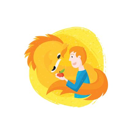 Vector illustration with young man giving an apple to horse.