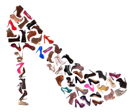 a collage of 30 ladies shoes high heels sandals and boots stock
