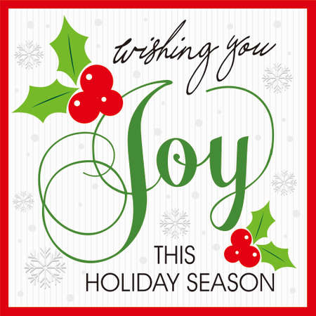 Christmas greeting card with holly berries and joy text