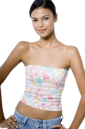 A Young Attractive Asian Woman In A Flower Print Tube Top On White Background Stock Photo A Young Attractive Asian Woman In A Flower Print Tube Top On White Background Stock Photo