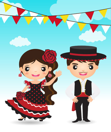 民族衣装でスペイン語の男性と女性のイラストのイラスト素材 ベクタ Image