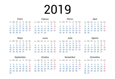 2019 year spanish calendar in spanish language. classical, minimalistic, simple design. white background. vector illustration. week starts from monday.