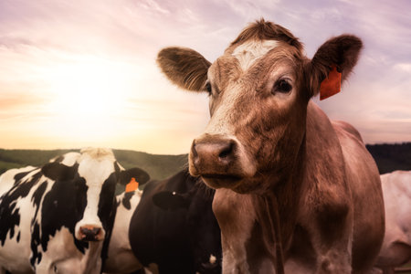 A herd of cows on a farm. sunset sky. tillamook county, oregon, united states.