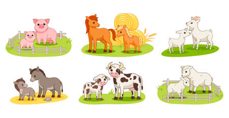 Set with domestic animals and their babies