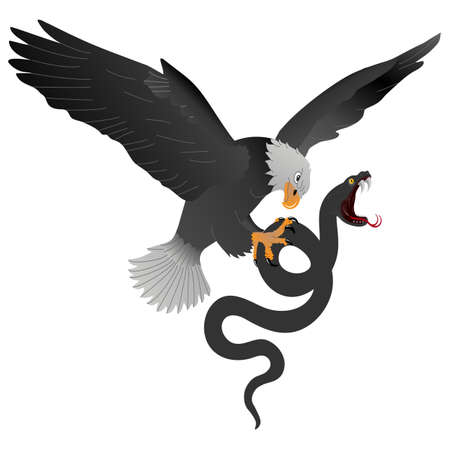 The mighty mountain eagle torments a big black snake. Stock Photo
