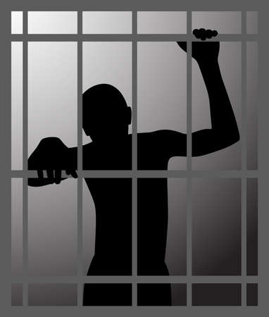 Man in dark dungeon or prison behind bars Vector Illustration