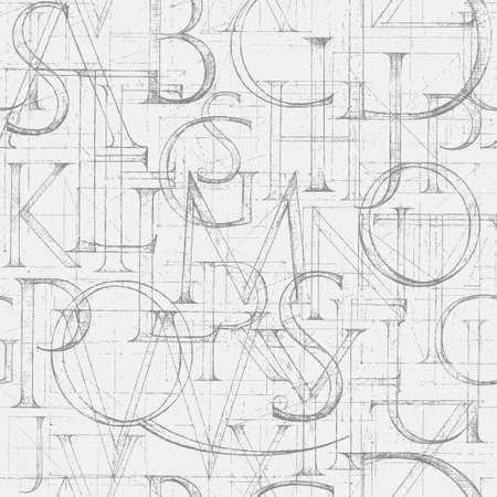 Wallpaper seamless pattern with font Antiqua. Hand drawn construction sketch of ABC letters in old fashion vintage style.