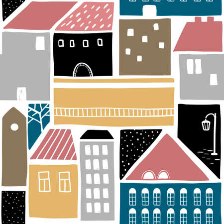 Seamless pattern with old town buildings. vector wallpaper. colorful illustration of city houses.