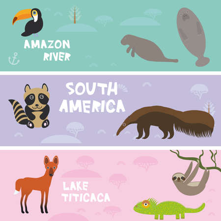 かわいい動物は アリクイ マナティー海牛バット スミレコンゴウインコ ドルフィン シール ジャガー 子供バック グラウンド 南アメリカ動物チチカカ湖 アマゾン河明るいカラフルなバナーを設定します ベクトル図 のイラスト素材 ベクタ Image 5240