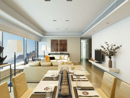 Modern Living-room Con Sala Da Pranzo E Cucina. Rendering 3D. Foto ... Modern Living-room Con Sala Da Pranzo E Cucina. Rendering 3D. Foto ...
