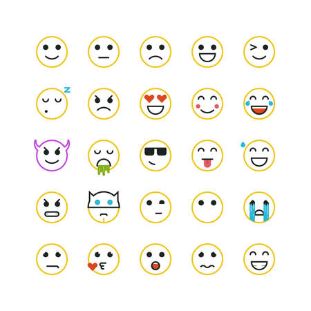 Set Flach Gelb Emoticons Auf Weissem Hintergrund Vector Emoticons Illustration Emoticons Vektor Gesetzt Emoticons Web Icons Emoji Iocns Lachelnde Gesichter Satz Von Emoticons Set Von Emoji Lacheln Symbole Lizenzfrei Nutzbare Vektorgrafiken