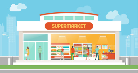 Supermarkt Gebäude Und Interieur Mit Produkten Auf Regalen Und ... Supermarkt Gebäude Und Interieur Mit Produkten Auf Regalen Und ...
