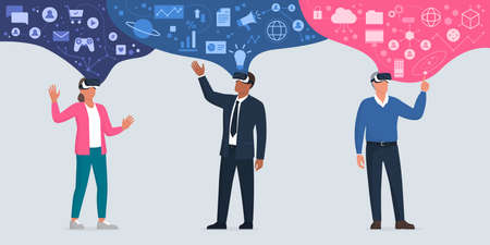 People wearing vr headsets and experiencing virtual reality simulation, they access to their own custom virtual universe Ilustrações vetoriais