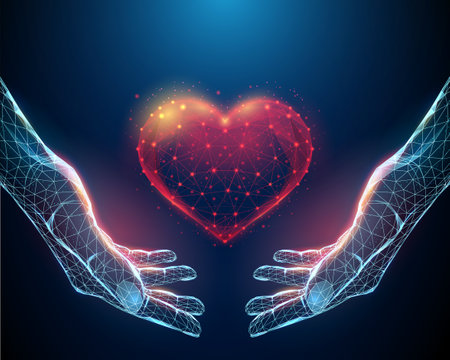 Nands abstraites low poly tenant un coeur rouge. Banque d'images