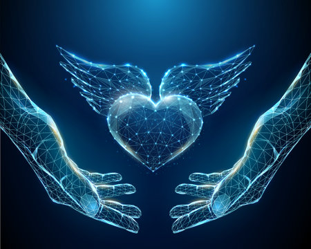 Mains abstraites tenant un coeur bleu avec des ailes Banque d'images
