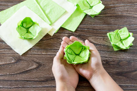 工芸品 紙の花スイレン 領域をコピーします 紙ナプキンと木製のテーブルの上の睡蓮 子どものアート プロジェクト 子供のための工芸品 の写真素材 画像素材 Image
