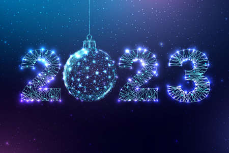 Happy new year 2023 greeting card. low poly style design. numbers from a polygonal wireframe mesh. abstract vector illustration on dark background.