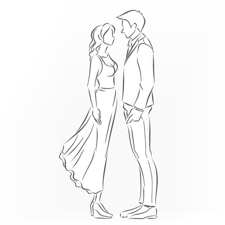 現代カップル日にしています 男と女 歩くし 手を握る 正面から見た図 ベクター カラー漫画 黒い線で描きます コミック スタイルのイラスト素材 ベクタ Image