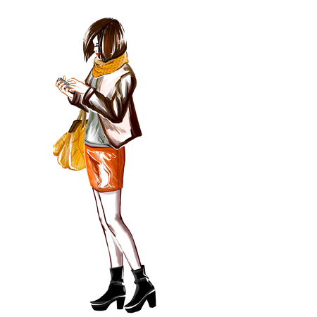 若い女の子は立っているし 彼女の携帯電話を保持しています 女性は おしゃれな秋服を着ています イメージ完全な長さ デジタル水彩の模倣 の写真素材 画像素材 Image