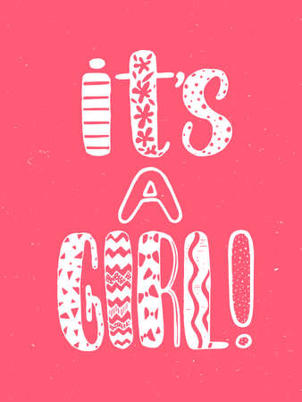 そのベビー シャワーのための女の子の手書きレタリング ピンクの背景と白の装飾 かわいいカラーのベクトルは素晴らしいイベントの招待状 のイラスト素材 ベクタ Image