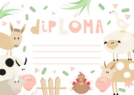 Certificate Kids Diploma. Little Farmer Theme - Cartoon Farm Animals and Objects. Vector Illustration. Kids Education. Vector Illustration
