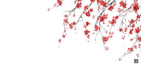 花咲く日本の桜梅と日の出の空の水墨画。伝統的な東洋の水墨画
