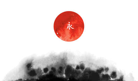 黒円相禅サークルの東洋桜桜の開花枝。日本の伝統的な水墨画墨絵