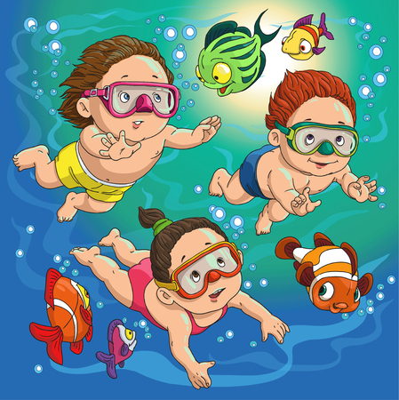 children swim in the sea with fish