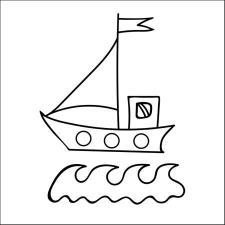 ソフトカラー船旗と着色本と他の子の設計のための太陽 白い背景で隔離の波と簡単なボート のイラスト素材 ベクタ Image