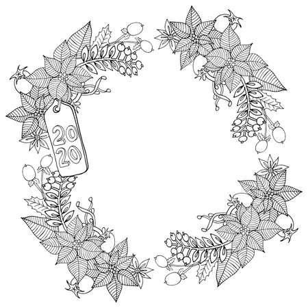 Christmas 2020 frame or wreath coloring book or page. Vector New Year 2020 artwork. Floral, ornate, decorative, tribal, decor, Christmas. Holiday concept. Christmas coloring book page