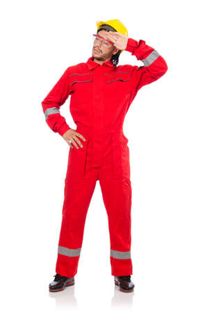 白で隔離赤いつなぎの服を着た男 の写真素材 画像素材 Image