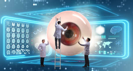 The doctor examining giant eye in medical concept