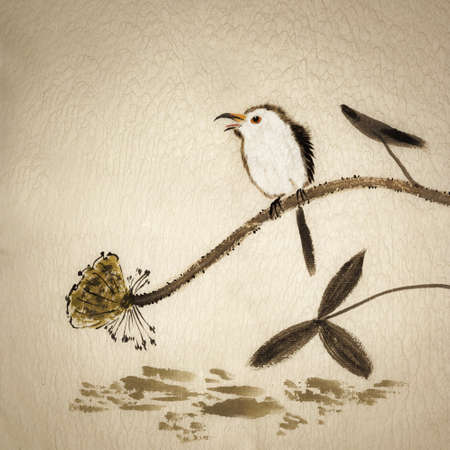 水墨画 鳥と果物の絵 本画 - 絵画