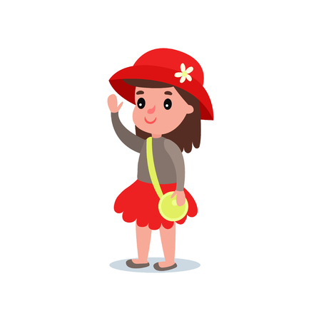 カジュアルな衣装の赤いブラウス 青いシャツ クロスボディハンドバッグ 髪の弓で陽気な赤 髪の女の子 フラットデザインベクトルイラストで手を上げて立つ漫画の子供キャラクター のイラスト素材 ベクタ Image