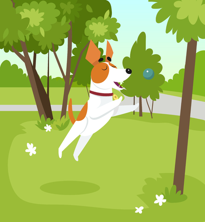 夏の日に公園でボール遊びかわいいジャックラッセルテリア犬漫画風のベクトルイラスト のイラスト素材 ベクタ Image