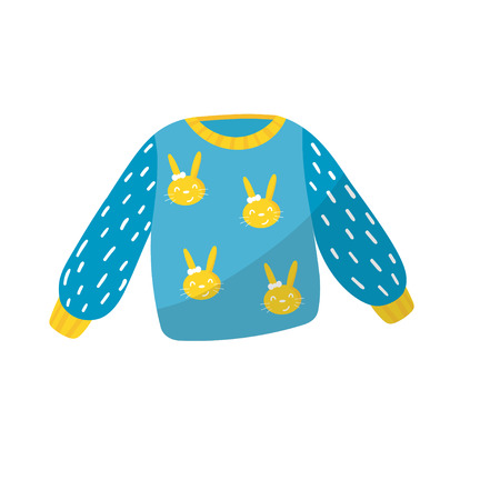 バニープリントの青い小さなセーター 幼児の女の子のためのアパレル ベビーファッション 子供服 子供のケアコンセプトのためのアイテム カラフルなフラットベクトルデザインのイラスト素材 ベクタ Image